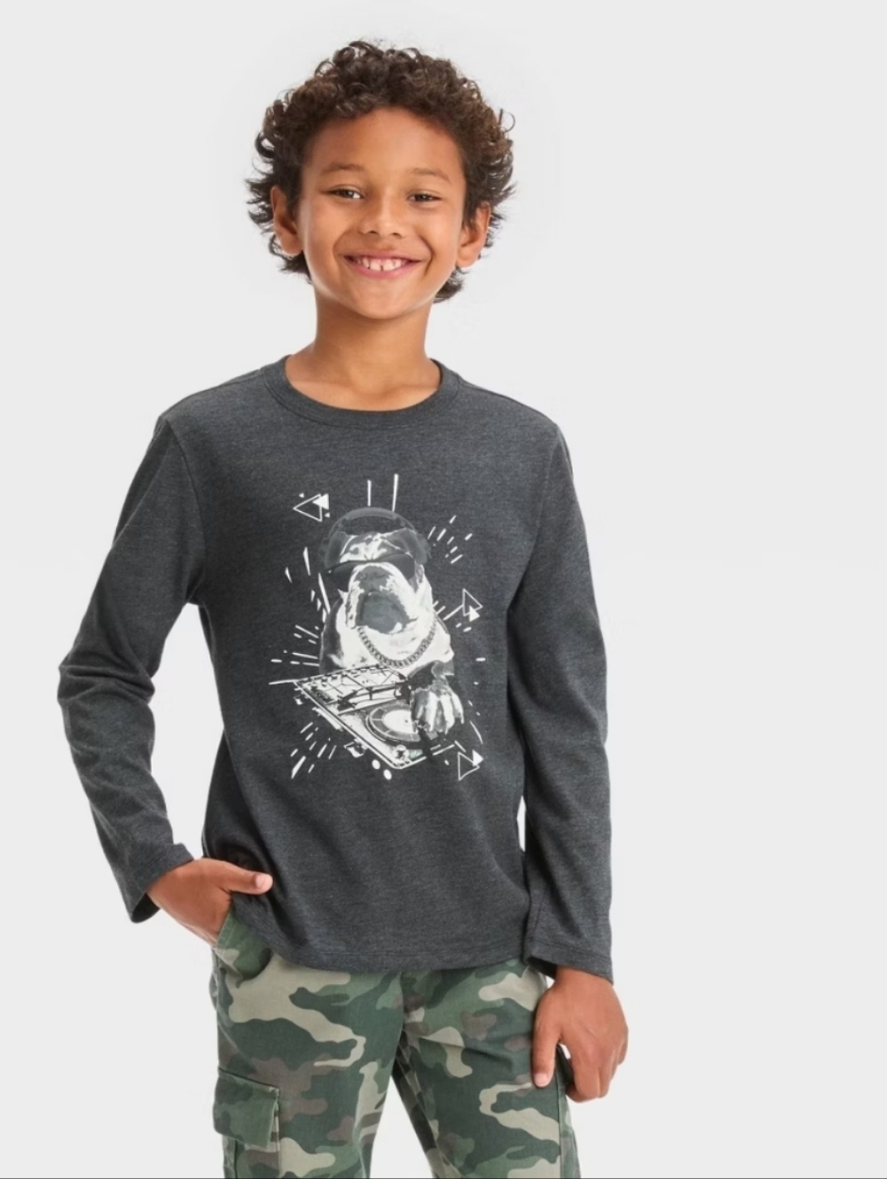 Boys' Long Sleeve 'DJ Bulldog' Graphic T-Shirt - Cat & Jack Black S(6/7)